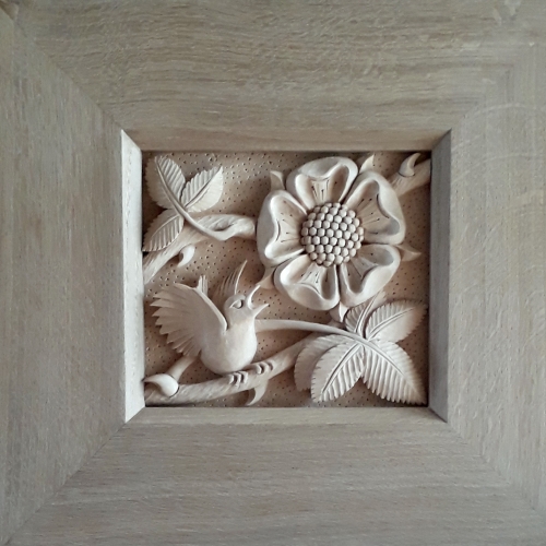 Bramble and Wren - Limewood carving in Oak frame: 14in, 36cm square